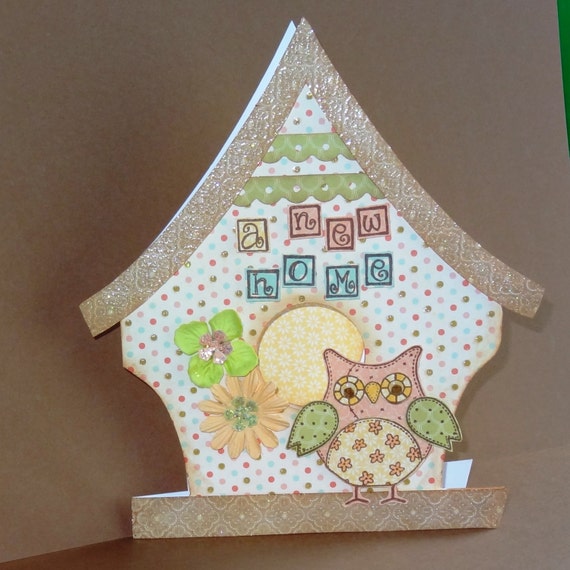handmade New Home Owl Bird house shaped cards by pollypurplehorse