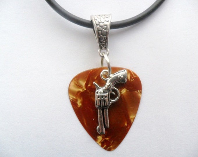 Brown Guitar pick necklace with hand gun charm with adjustable cord from 18" to 20"