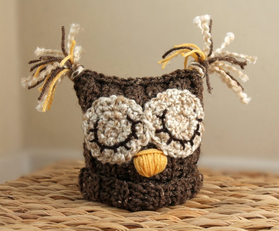 crochet pattern newborn ribbed hat Owl Ribbed Baby Brown Hat Beanie Brown Sleepy Tweed,   for Light