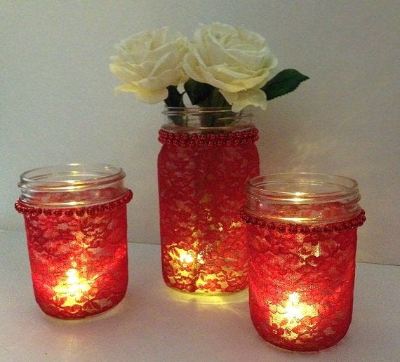 Items similar to red 3 piece lace coverd candle holder and vase mason jars, gift, wedding decor
