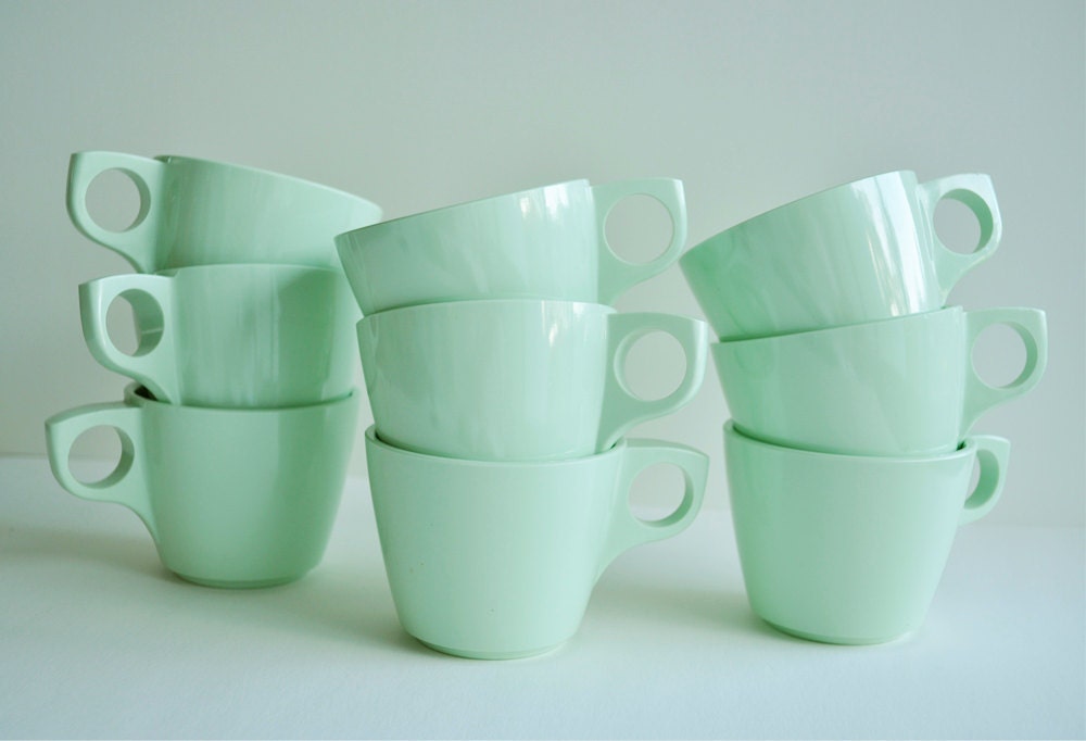 Vintage Boonton Mint Green Coffee Cups Set of 9 Retro Plastic