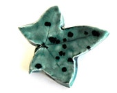 Green Ceramic Leaf Brooch One of A Kind Black Dots Pottery Silver Pin Recycled Paper Box