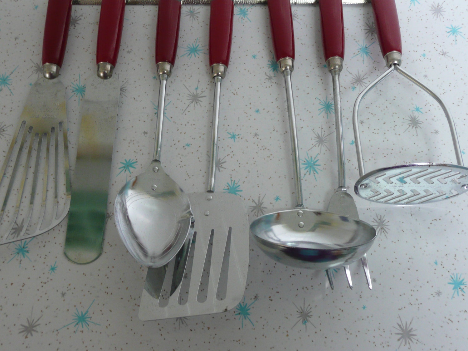 NICE RARE NOS 1940s Red Kitchen Utensils Set with Original