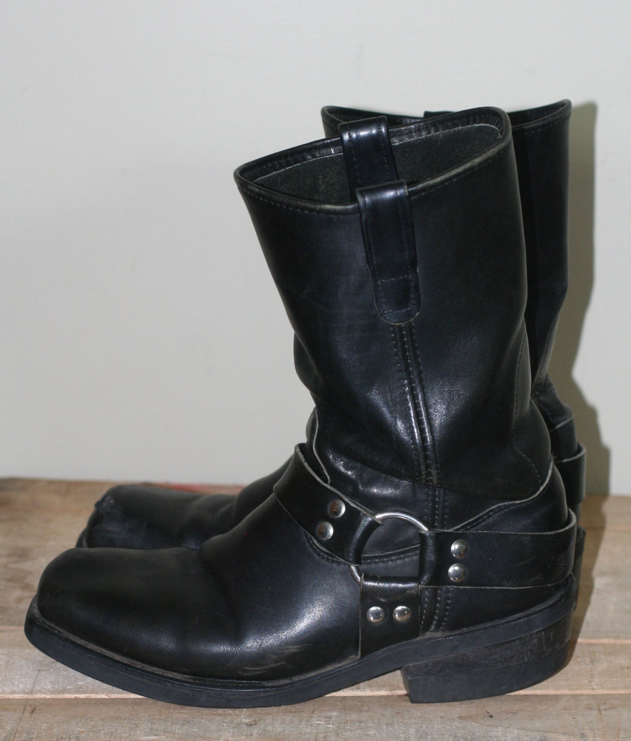 vintage men's black leather harness boots size by TomTomVintage