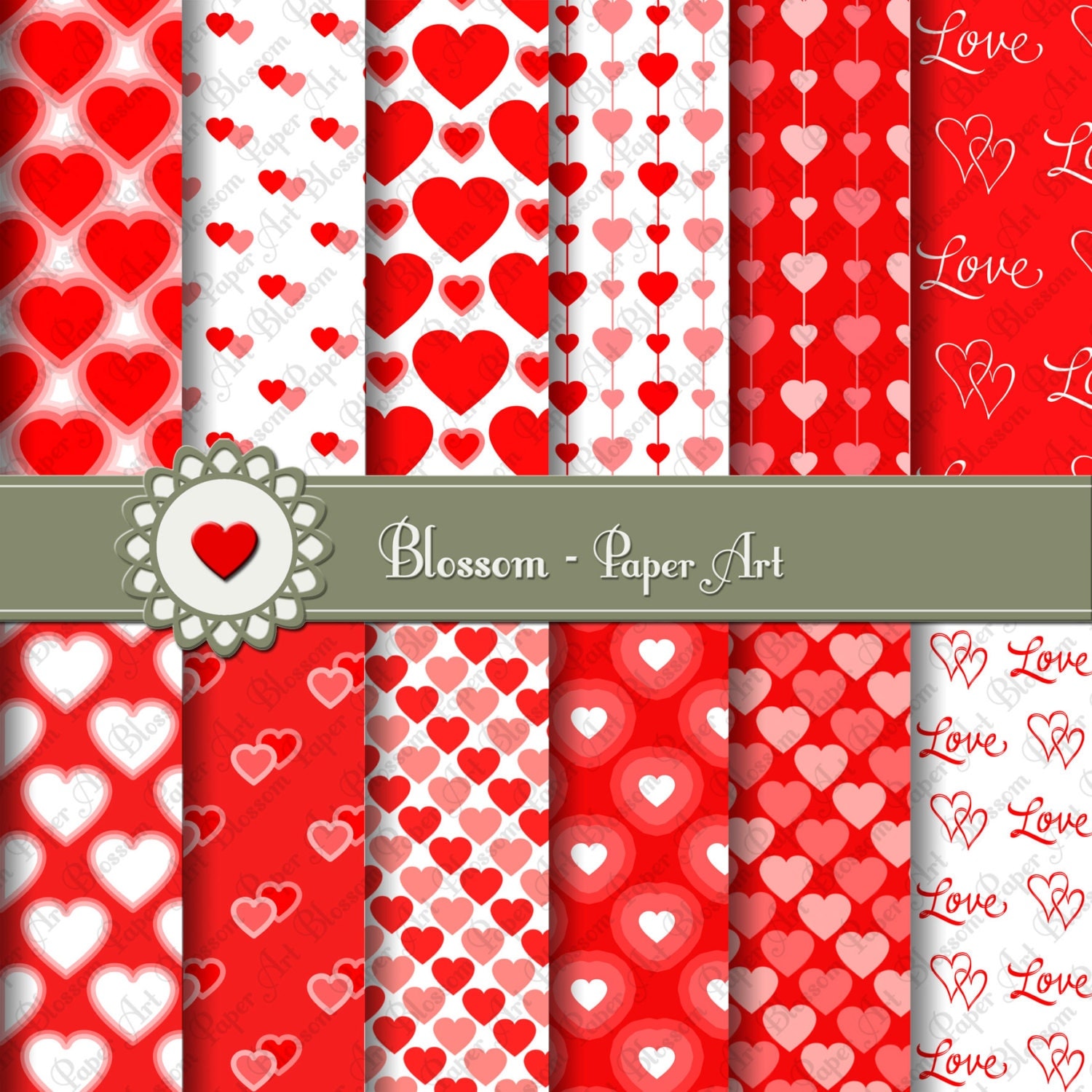 Red Digital paper Hearts Digital Paper Pack Love Valentines