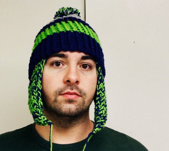 Seattle Seahawks color inspired hand knit hat