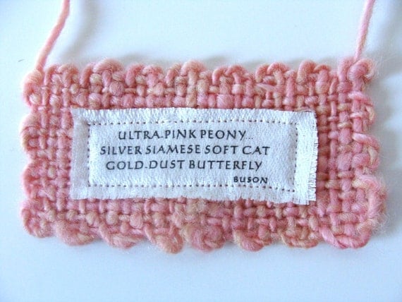 Pink Peony Cat Wall Hanging Small Handwoven Handspun Spring Japanese Haiku