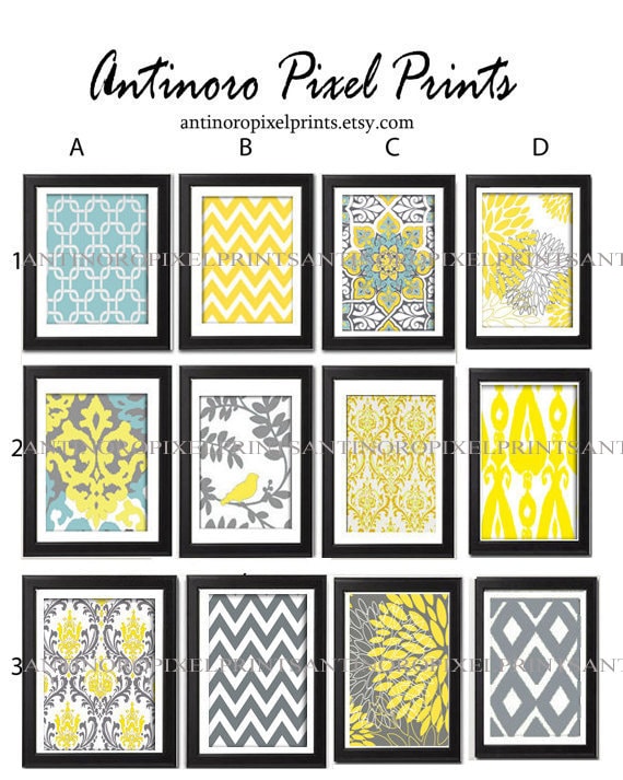 Digital Print Wall Art Yellow Turquoise Grey Vintage / Modern