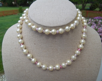 Vintage Pearl Necklace. Glass Faux Pearls, Pink and Clear Separators, 28 Inches Long
