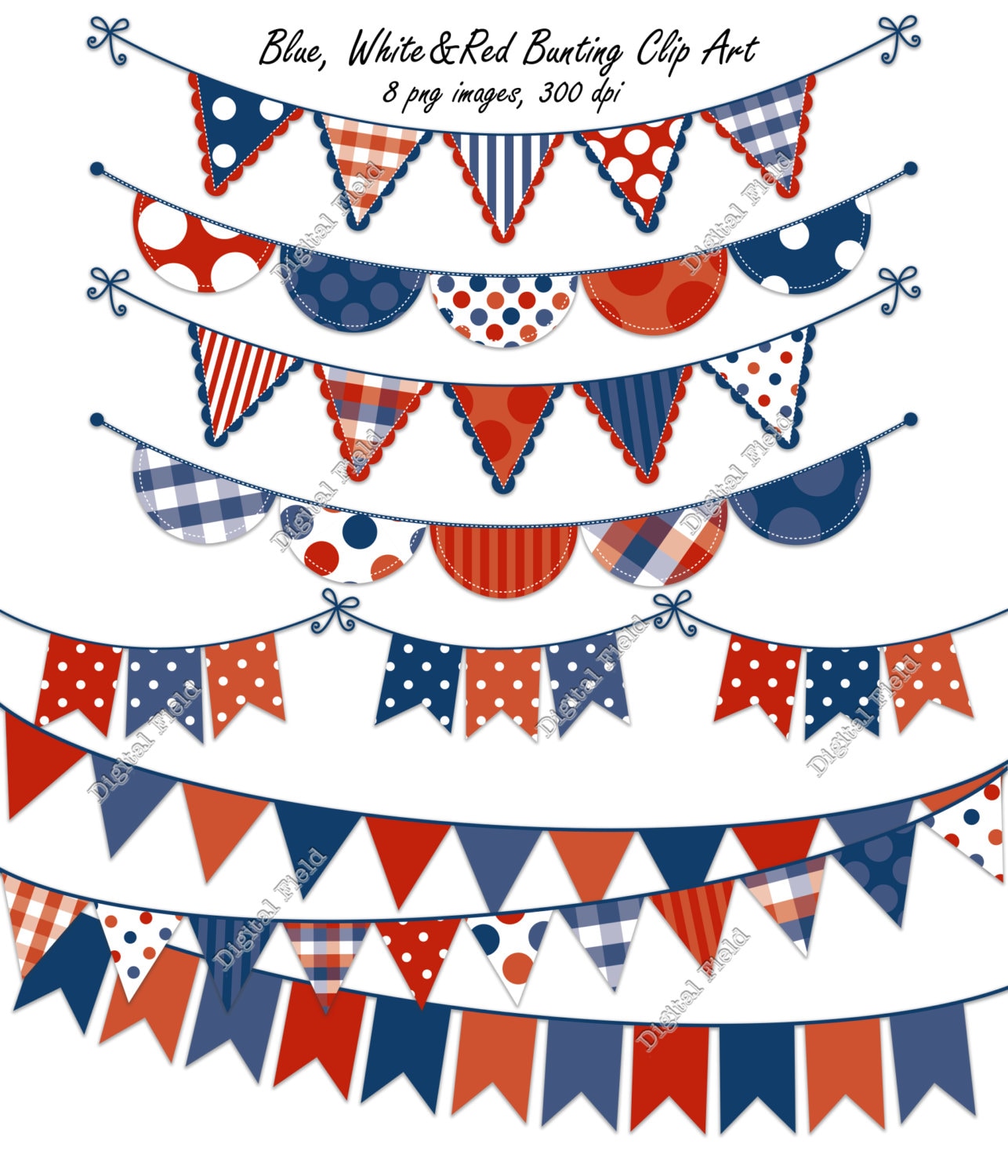 Blue, White and Red Bunting Clip Art Set - printable ...