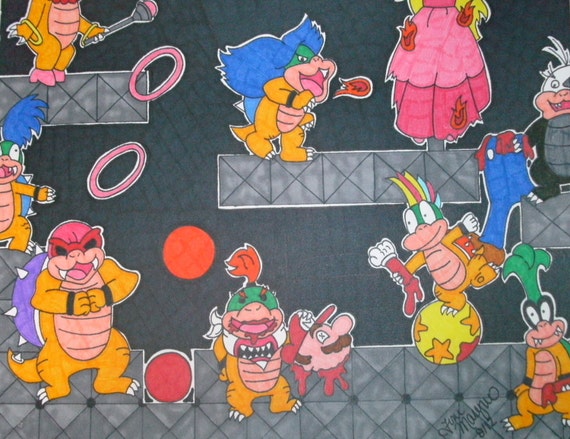 Mature Koopalings and Mario Horror Fanart Drawing 9x12, Colorful Cartoon Horror Fanart, Video Game Drawing, Alternative Horror Gift Idea