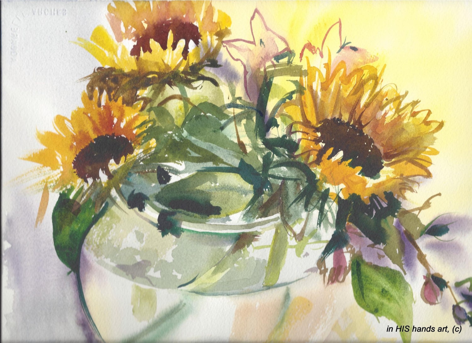 Sunflower Still Life Original Watercolor Painting Yellow