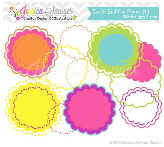 INSTANT DOWNLOAD, build a circle digital frame, round printable tag, scalloped circle, cute frames clipart, for invites, scrapbooking Il_570xn