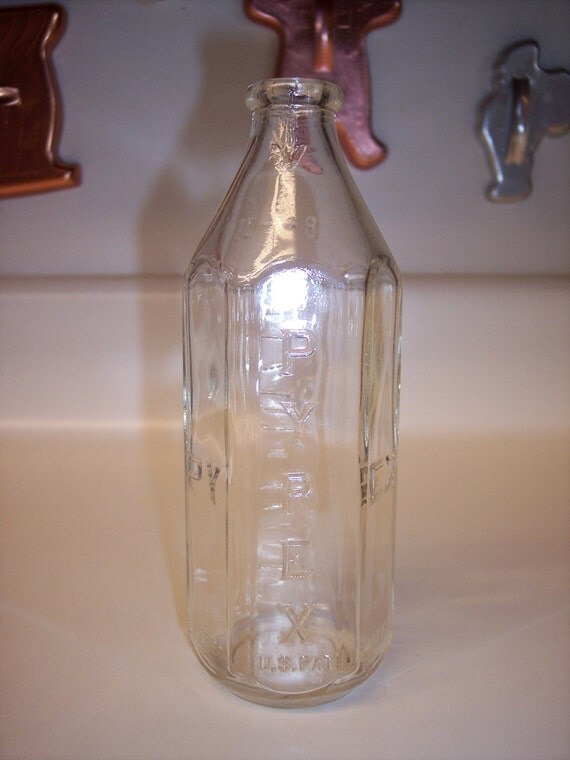 Vintage Pyrex glass baby bottle nurser hexagonal narrow neck
