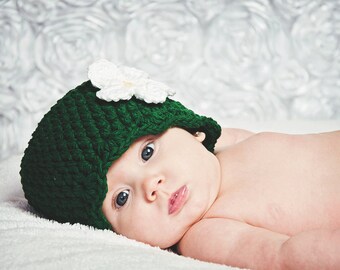 Baby Girl Hat 0 to 3 Month Emerald Green Baby Hat Baby Girl Clothes Spring Photo Prop Photography Prop Flapper Beanie Flapper Hat Flower Hat
