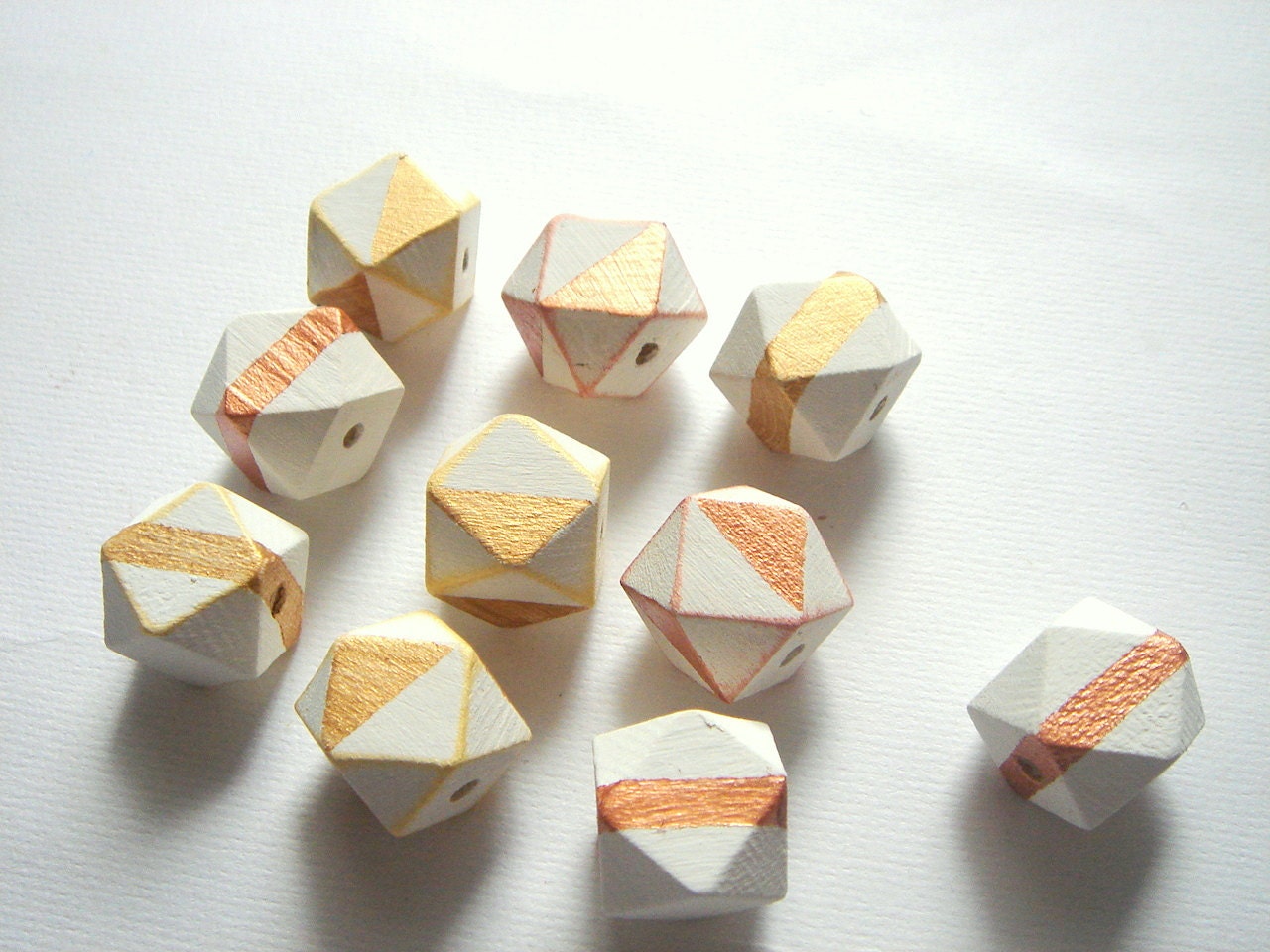 Hand Painted Geometric White& Gold Wood BeadsDo it yourself