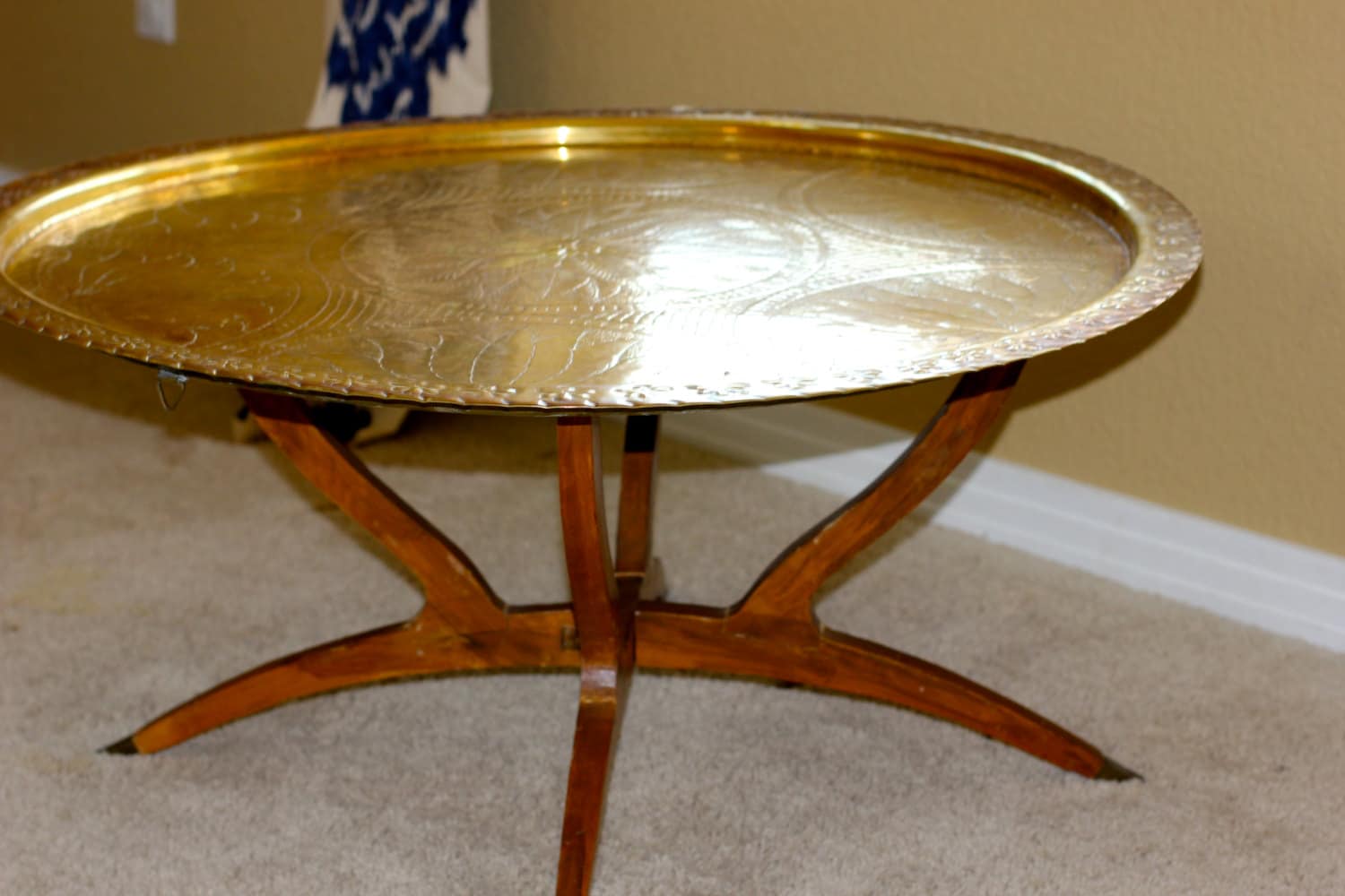 Vintage Round Brass Moroccan Tray Table With Teak Folding Legs 6719