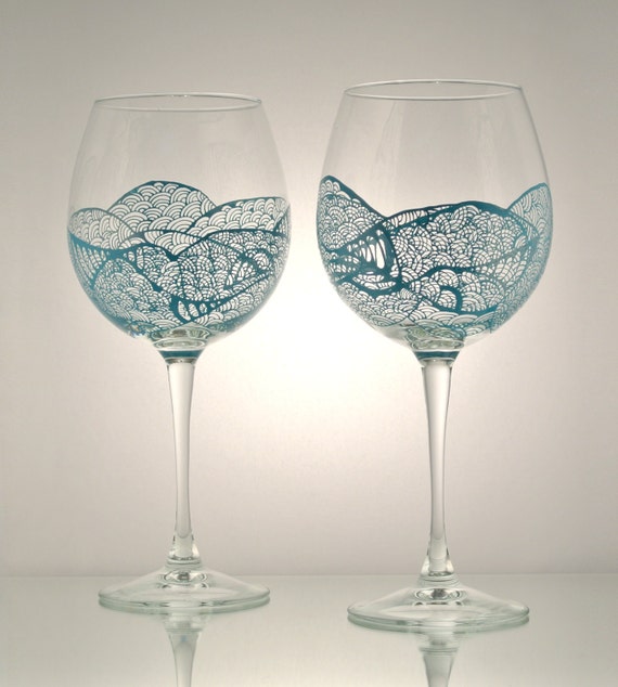 Items Similar To Set Of 2 Individually Hand Painted Wine Glasses Aqua   Il 570xN.432843469 2rq9 