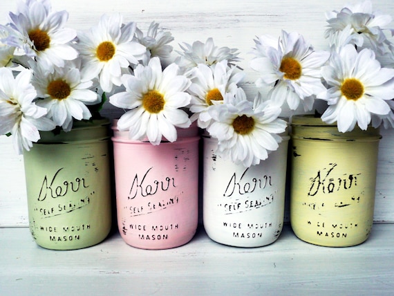 pale pink green white and yellow handpainted vintage glass flower jars