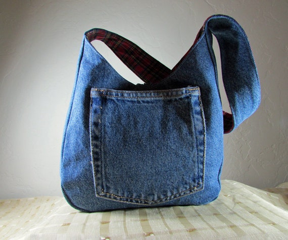 Handbag Reversible 2 in 1 Purse Upcycled Denim to Red Plaid