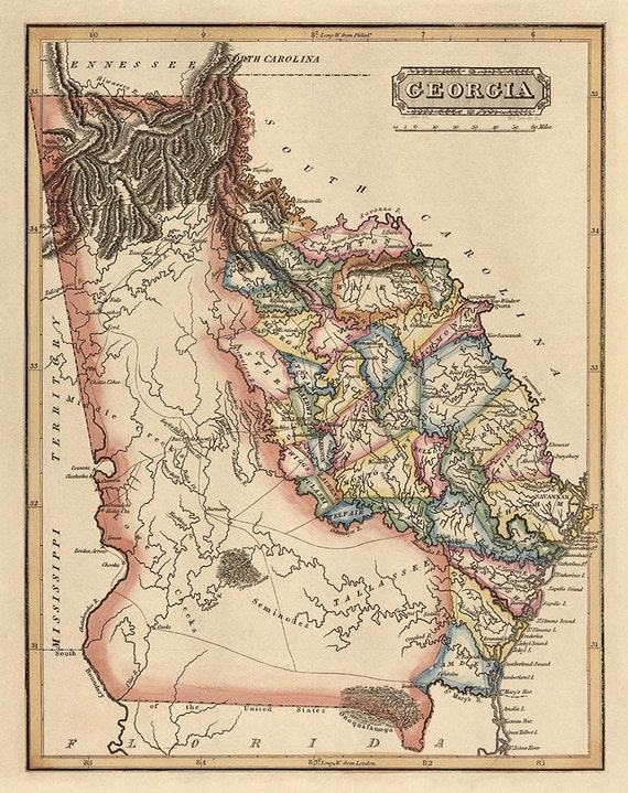 Antique Map of Georgia c1817 by Fielding by BlueMonoclePrints