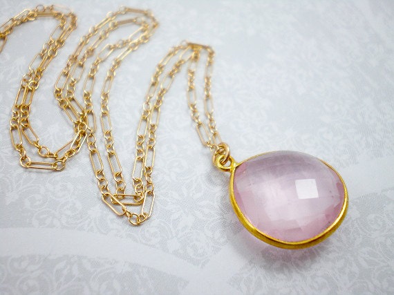 Pink Quartz Pendant Gold Necklace Pink Gemstone Pendant Gold
