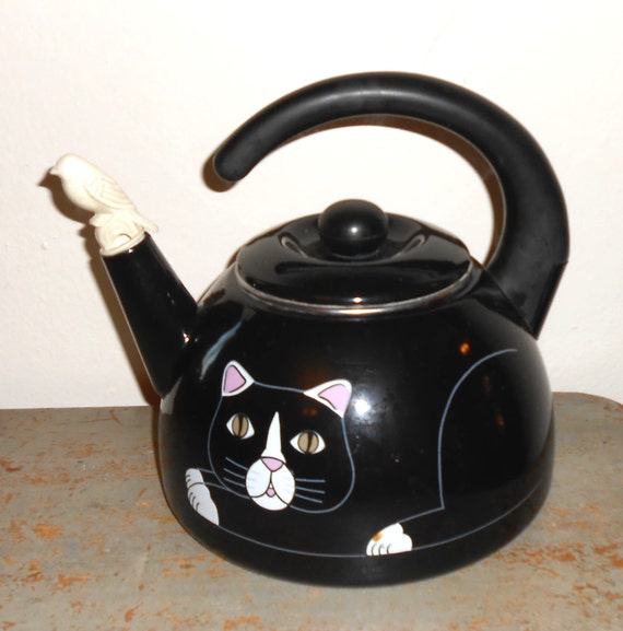 Vintage Tea Kettle Cat & Bird Black Tea Pot