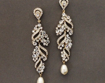 ELSA wedding jewelry, bridal earrings, Gold rhinestone dangle earrings, crystal and pearl earrings, wedding accessory, bridal jewelry