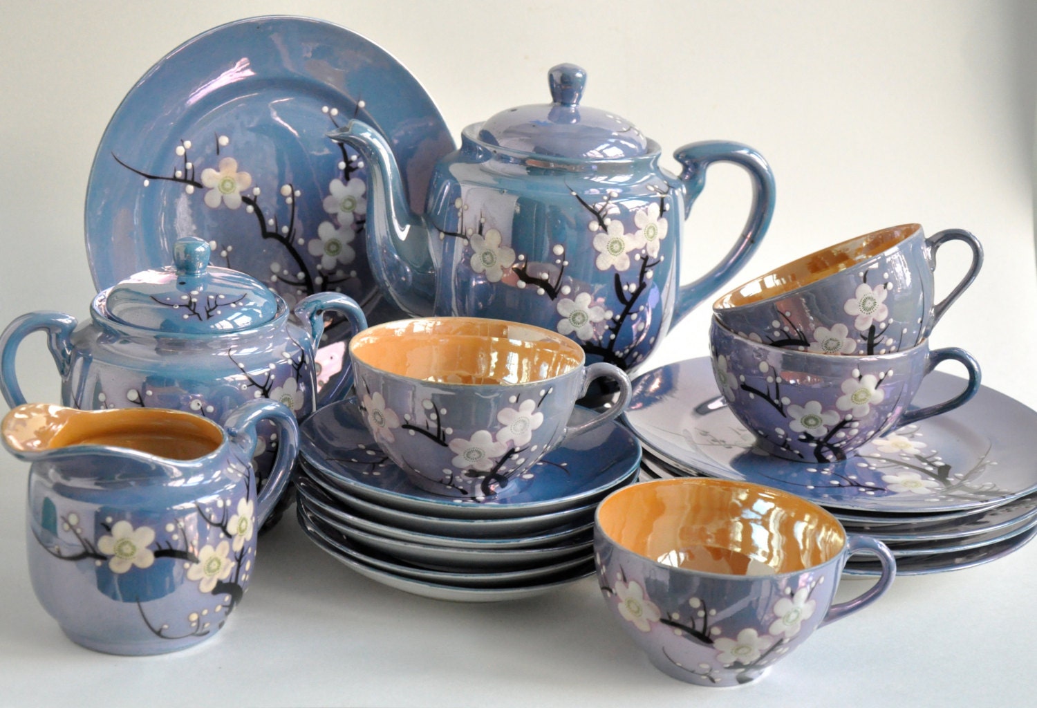 Cherry Blossom Lusterware Made in Japan Blue and Peach