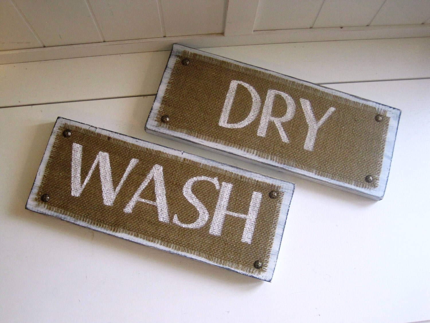 Wash Dry Burlap Signs / Set of Two Laundry Room Wood