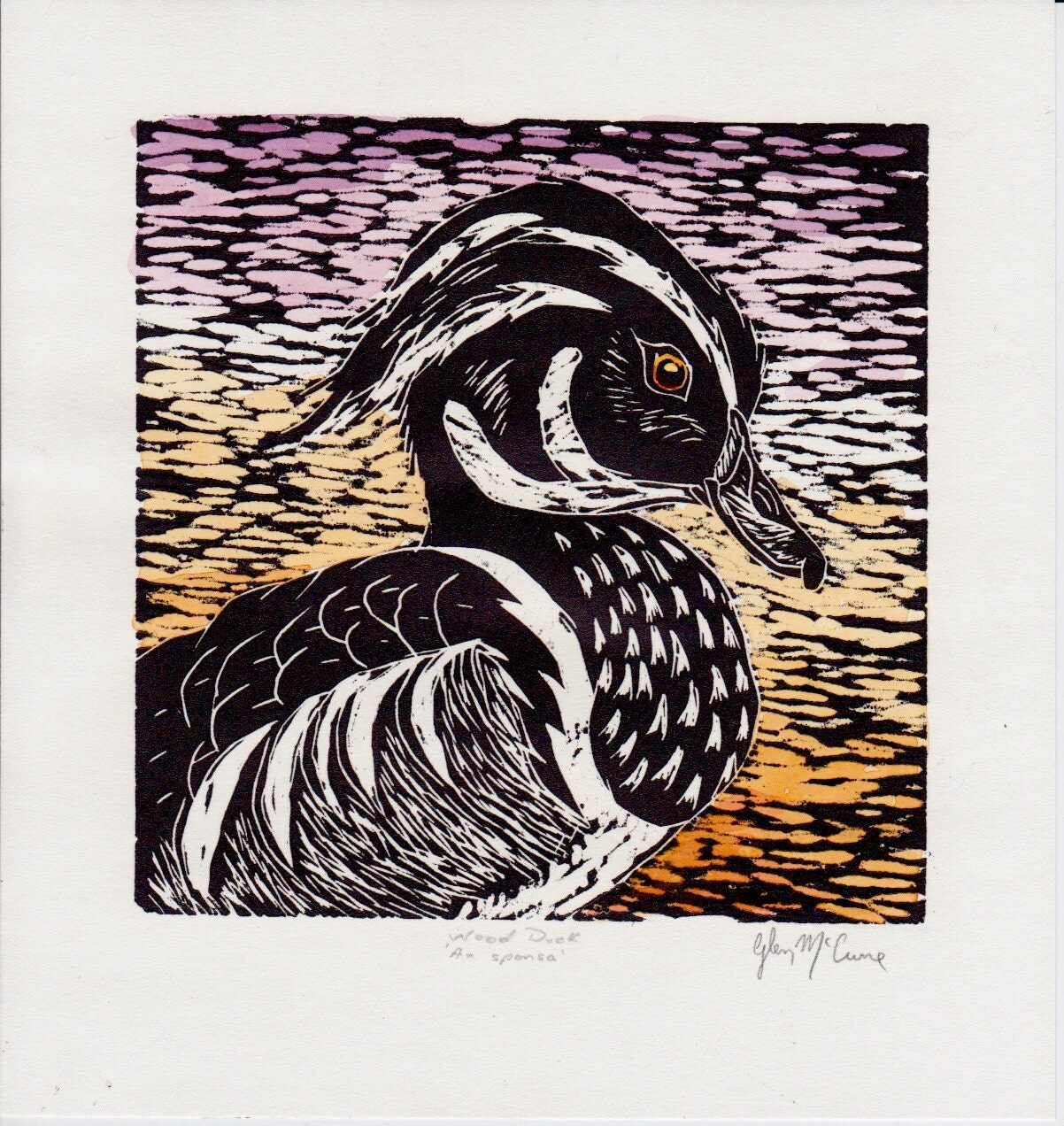 wood duck original block print handcolored by GlenMcCune on Etsy