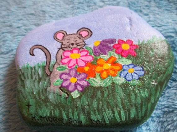 Items similar to Mouse with Flowers Acrylic Hand Painted Rock on Etsy