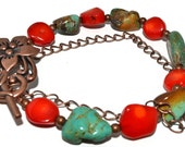 Green Turquoise and Coral Chunky Bracelet Copper Flower Toggle Bohemian Earthy Southwestern Jewelry