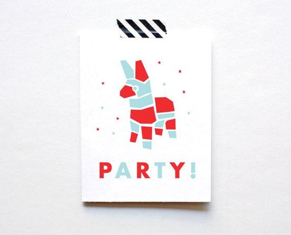 Piñata, Birthday Party, Happy Birthday Card, Blue and Red