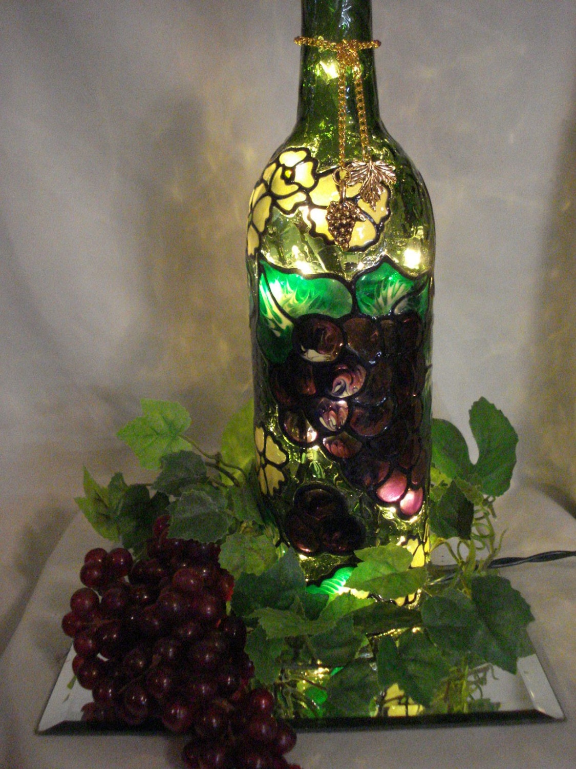 Purple Grapes and Small Flowers on Green Wine Bottle Lamp