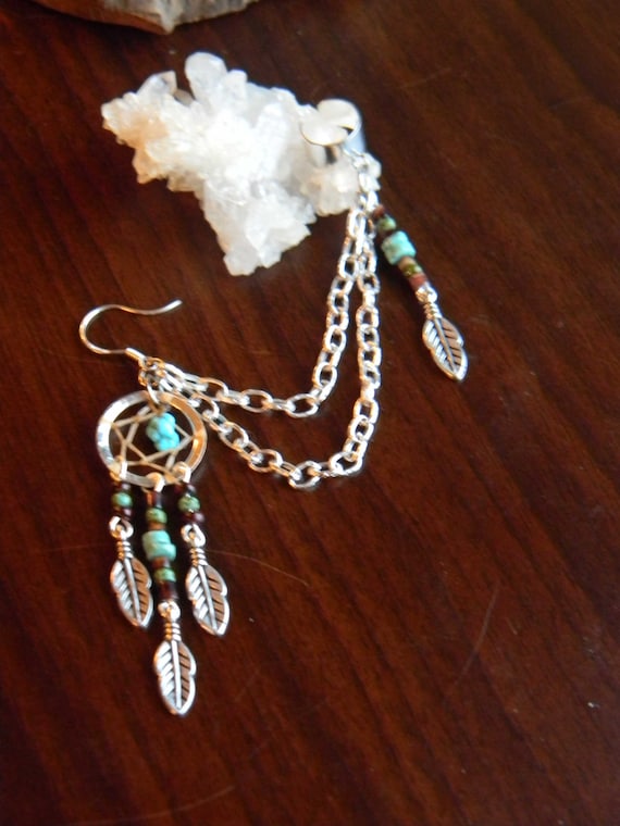 One Tribal Dream catcher Earring Ear Wrap with Nacozari Turquoise in The Native Inspired Tribal Boho Hippi Hipster Style