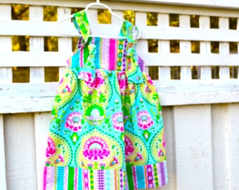 Girls Knot Dress Toddler Dress Spring Dress Easter Dress Aqua Pink and Yellow