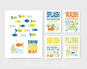 Kids Bathroom Art Prints - Swim Your Own Way, Splash, Wash, Brush, Flush Set of (5) - 11 x 14 and 5 x 7's // Childrens Kids Bathroom