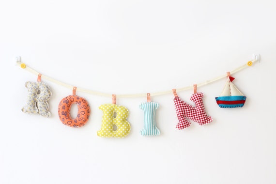 6 letters and felt Doll ornament nursey name banner / Bright Color Fabric Name wall Decor -/ Made To Order Name Banner