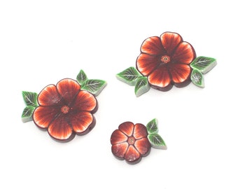 Polymer Clay flower beads, unique beads in maroon, red, orange and white, elegant flower pattern, Set of 3