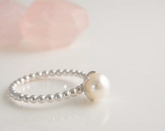 Pearl ring. Handmade sterling silver ring. Freshwater pearl ring. Beaded pearl ring. Romantic ring.
