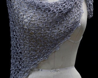 Hand Crocheted Grey Silver Shiny Shawl - Mother's Day, Wedding Shawl, Fashion, Holiday, Elegant, On Sale
