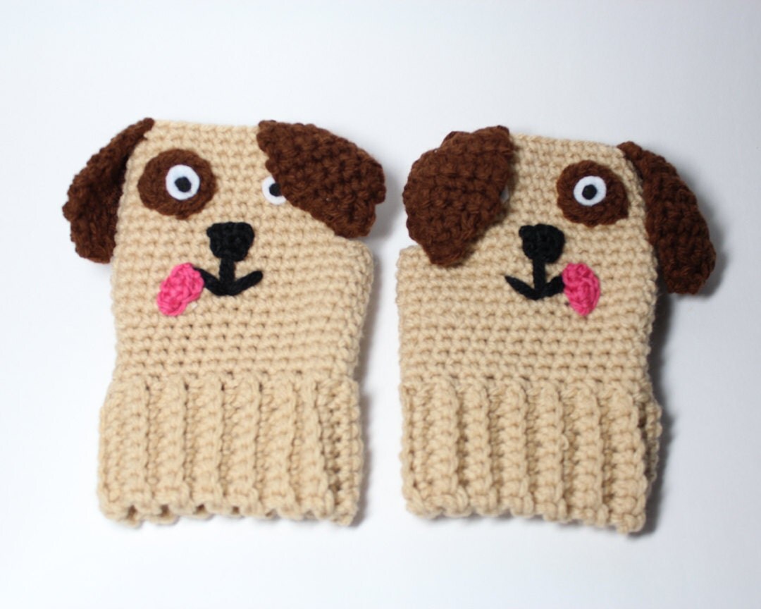 Childrens Puppy fingerless mittens/ Kids animal fingerless