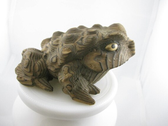 Hand Carved Wooden Frog or Wooden Toad Gold Eyes