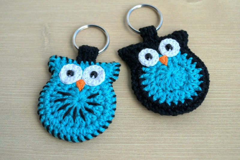 Crochet owl keychain black and turquoise owl key ring