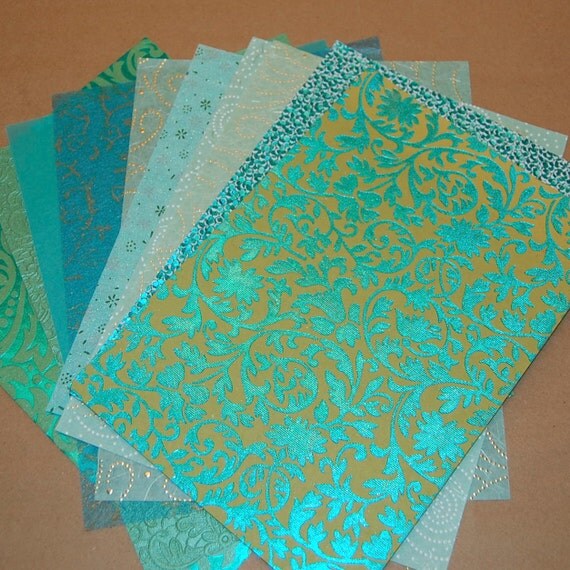 Decorative Paper Pack Teal Paper Set of 10 Embossed