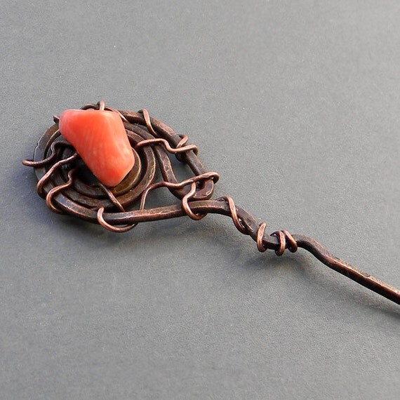 Copper Wire Wrapped Hair Stick with coral by