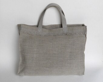 Linen tote bag natural gray linen a nd lace lingerie bag wedding ...