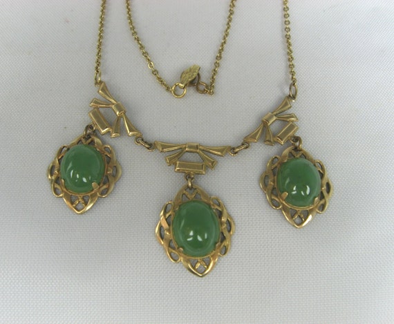 Vintage 1940s Amco Green Jade Necklace 1/20 12K Gold Filled