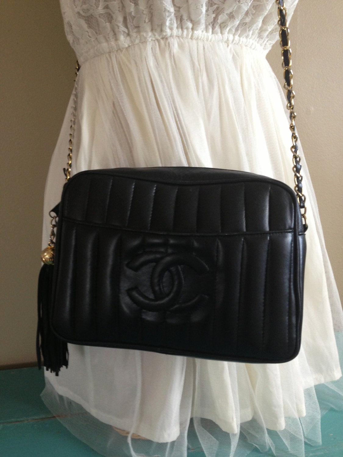 Vintage Black Quilted CHANEL Gold Chain Tassels Cross body Bag